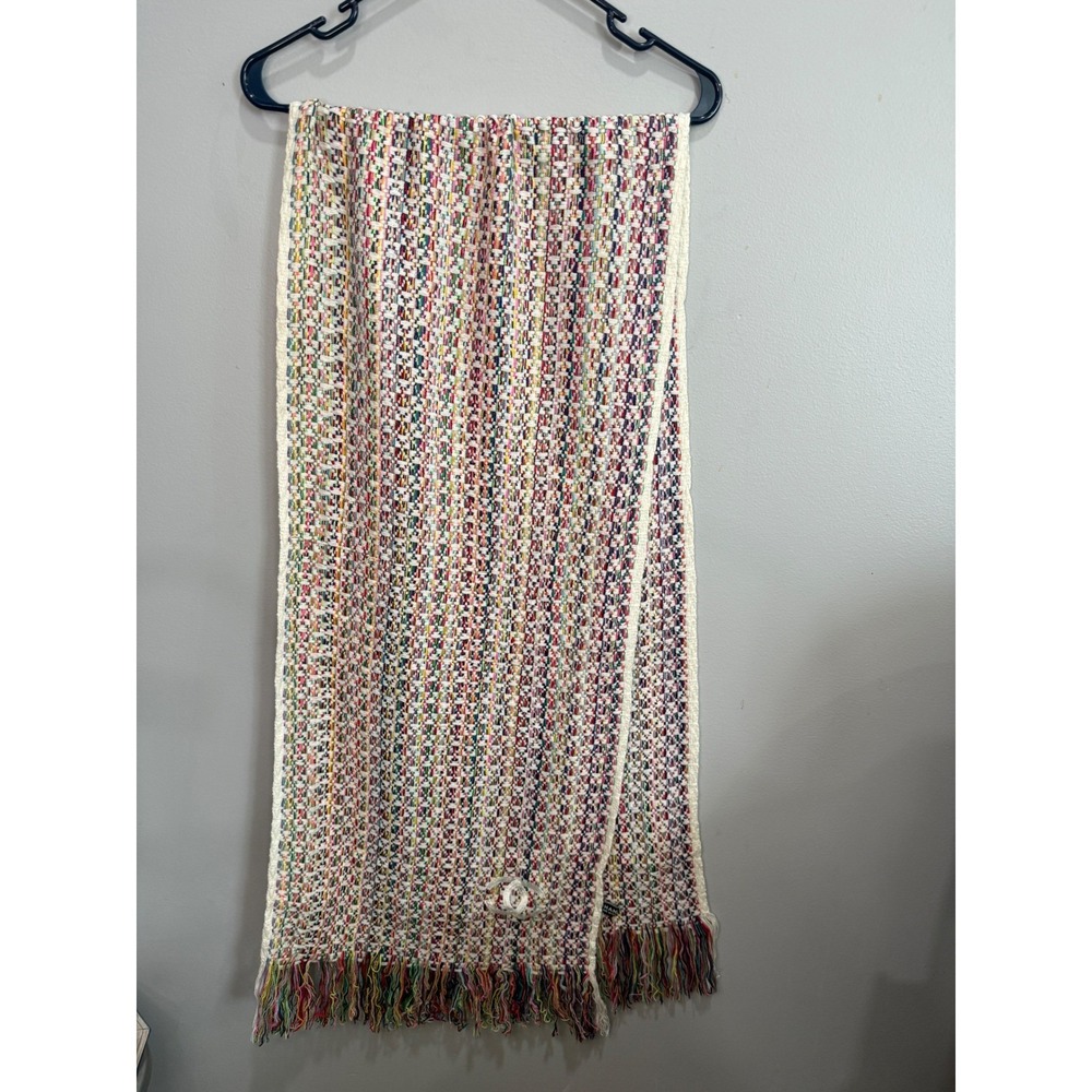 Chanel Multicolor Tweed Cashmere Silk Scarf Rainbow CC Logo Fringe 12P France